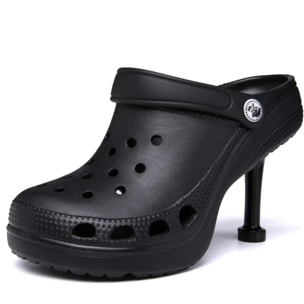 Women Croc like Clogs High-Heel Black Shoe Sandals